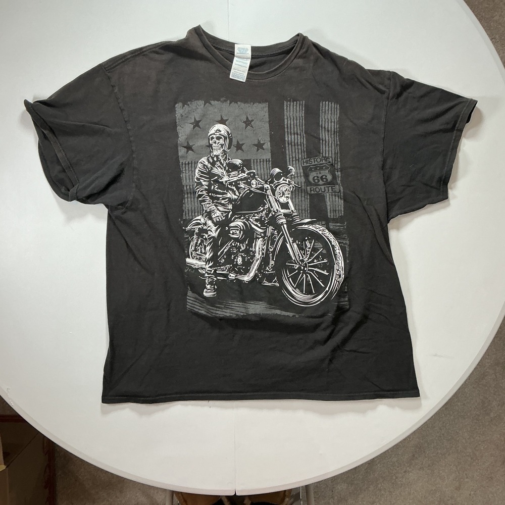 VTG Y2K Mens 2XL T-Shirt Halloween Black Skeleton Biker Route 66 Grunge Shirt